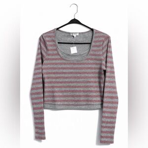 No Comment Cropped Striped Tee Pink Gray Layered Top Juniors XL NEW With Tags